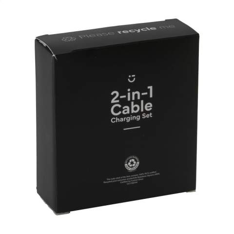 Charging set made from recycled ABS. This set consists of a wall charger with 2 separate charging cables: a cable Type-C to Type-C and a cable Type-C to Lightning. Cable length: 100 cm. Includes user manual. Packed per set.