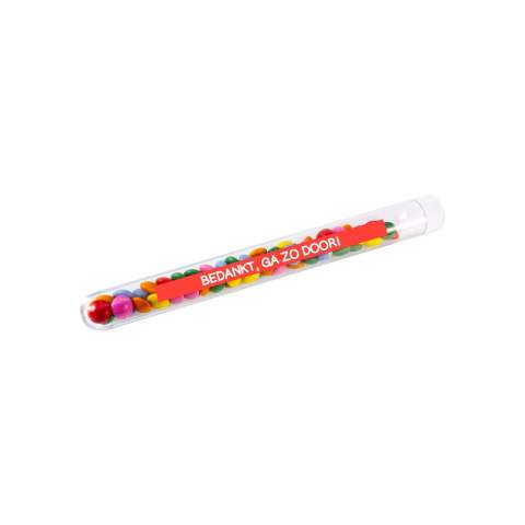 Transprante tube with fullcolour print on 1 side, filled with approx. 13 gram mini choco's