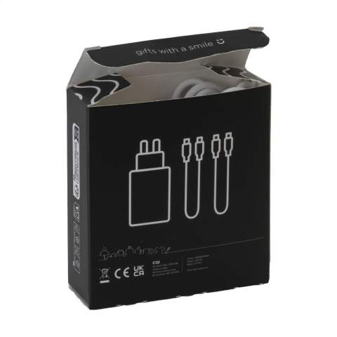 Charging set made from recycled ABS. This set consists of a wall charger with 2 separate charging cables: a cable Type-C to Type-C and a cable Type-C to Lightning. Cable length: 100 cm. Includes user manual. Packed per set.