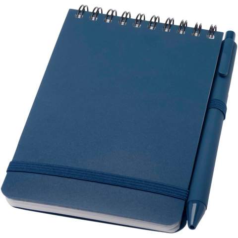 The Thalaasa A6 hard cover notebook is made of ocean bound recycled plastic with 80 lined sheets of 70 g/m² cream coloured paper. The notebook has rounded corners, an elastic closure, and a pen loop. The ballpoint pen with black ink is also made of ocean bound recycled plastic. Writing length: 1000 metres. Nib size: 1.0 mm.