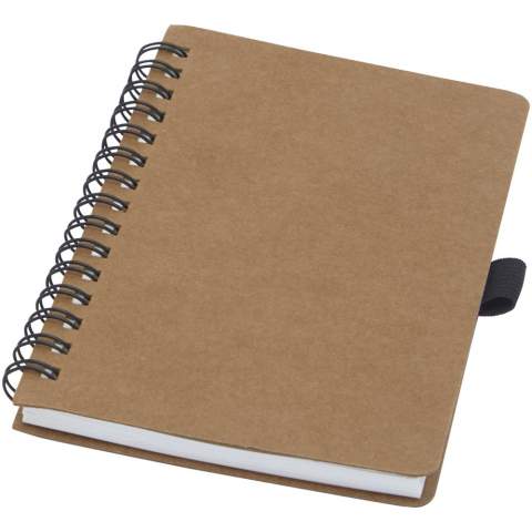 A6-size wire-o recycled cardboard cover notebook with pen loop. Features 70 sheets 60 g/m² lined inner pages made from stone. Stone paper is 100% tree free and the production process uses less energy compared to recycled or new pulp paper. The paper is water and tear resistant and has a natural white colour (no bleaching involved). 