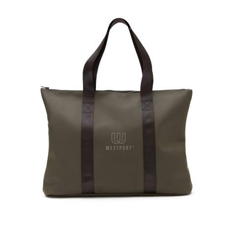 A small, sleek bag made of a lightweight, water-resistant nubuck PU fabric with a stylish matte exterior and a lightweight synthetic fabric interior. The main compartment closes with a zipper. Sturdy handles so you can fill the bag properly.