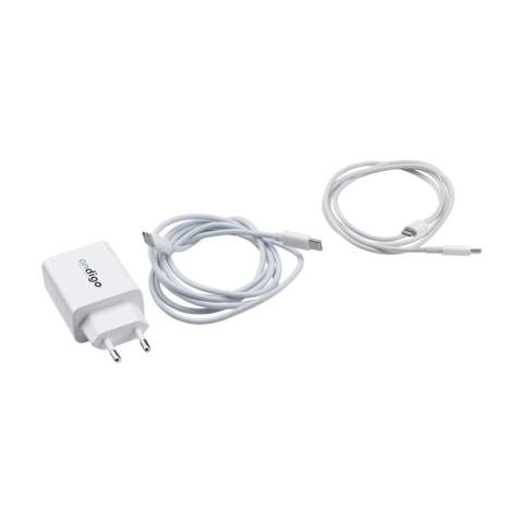 Charging set made from recycled ABS. This set consists of a wall charger with 2 separate charging cables: a cable Type-C to Type-C and a cable Type-C to Lightning. Cable length: 100 cm. Includes user manual. Packed per set.
