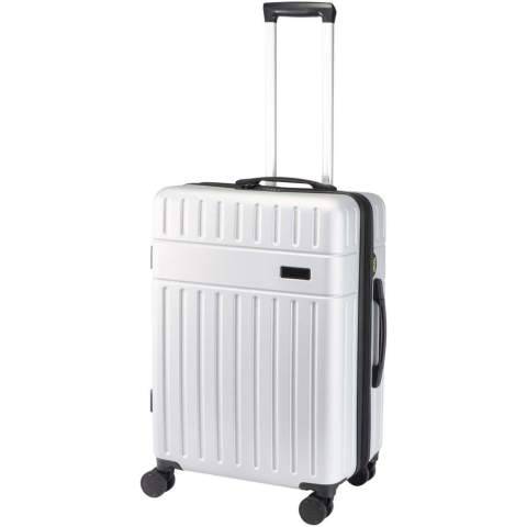 Constructed from impact-resistant recycled plastic with an RPET lining, the Rover 24" expandable trolley is designed for modern explorers who value durability and smart design. Offering a generous 70L capacity with expandable storage for those just-in-case extras, it’s ideal for longer journeys. This GRS certified trolley (including certified printing) features a double-tube aluminium frame and 360-degree 4-wheel spinner system for effortless mobility. An integrated TSA combination lock provides added security, while the easy-grab handle ensures comfort on the move. Inside, compression straps and zipped compartments keep your belongings neatly organised throughout your trip.