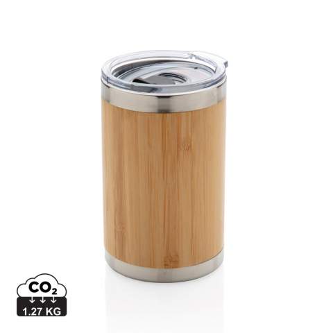 This unique bamboo coffee tumbler comes with 304 foodgrade and rustproof stainless steel interior walls and organic bamboo exterior. Perfect size to fit most coffee machines. Keep your drinks hot for up to 3h and cold for up to 6h. Content: 270 ml.<br /><br />HoursHot: 3<br />HoursCold: 6