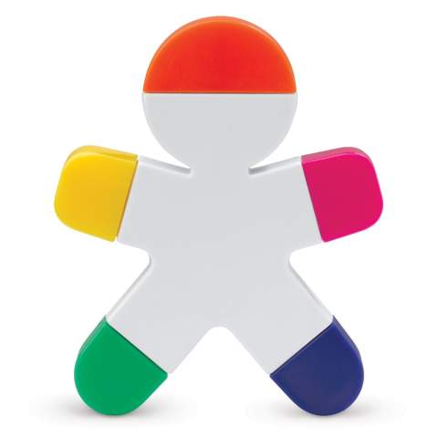 Surligneur en forme de bonhomme avec couleurs fluos. Les surligneurs sont les jambes, les mains et la tête et peuvent être retirés du corps.
