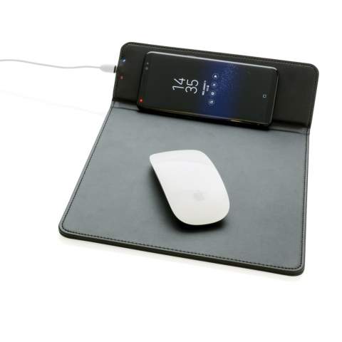 PU mousepad with integrated wireless charging pad to charge all mobile devices that support wireless charging (Android latest generations, iPhone 8 and up). The wireless charging part can be also used as stand for your mobile device. Includes 40 cm micro USB cable to connect the mousepad to the USB port of your computer.  Input: 5V/1A. Wireless output: 5V/1A 5W.<br /><br />WirelessCharging: true