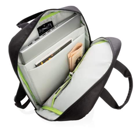Minimize your carbon footprint with this earth-conscious laptop backpack that saves energy and reduces pollution during production. This laptop backpack holds your 15.6" laptop in style. The zipper front pocket gives quick access to your belongings. Made of sustainable RPET and PVC free. Registered design® Exterior: 100% 600D recycled polyester/ Lining: 100% 210D recycled polyester<br /><br />FitsLaptopTabletSizeInches: 15.6<br />PVC free: true