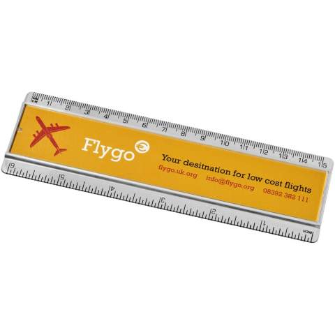 Paper insert plastic ruler with both markings in inches and centimetres.