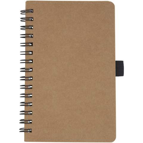 A6-size wire-o recycled cardboard cover notebook with pen loop. Features 70 sheets 60 g/m² lined inner pages made from stone. Stone paper is 100% tree free and the production process uses less energy compared to recycled or new pulp paper. The paper is water and tear resistant and has a natural white colour (no bleaching involved). 