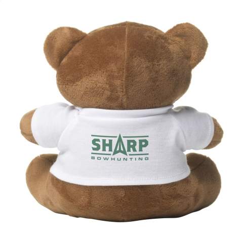 Dark brown, super soft cuddly bear with bead eyes, hard nose and white T-shirt. Without printing, bears and T-shirts are supplied loose.