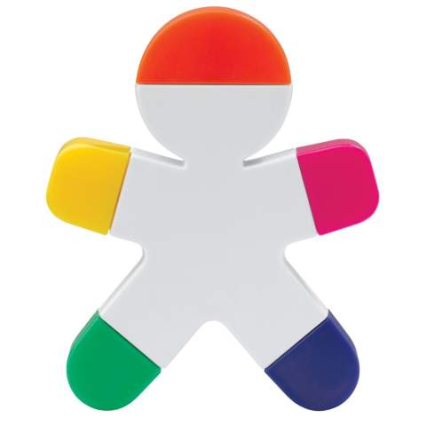 Surligneur en forme de bonhomme avec couleurs fluos. Les surligneurs sont les jambes, les mains et la tête et peuvent être retirés du corps.