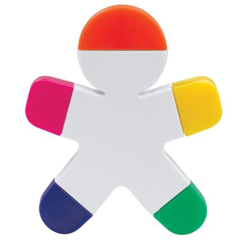 Surligneur en forme de bonhomme avec couleurs fluos. Les surligneurs sont les jambes, les mains et la tête et peuvent être retirés du corps.