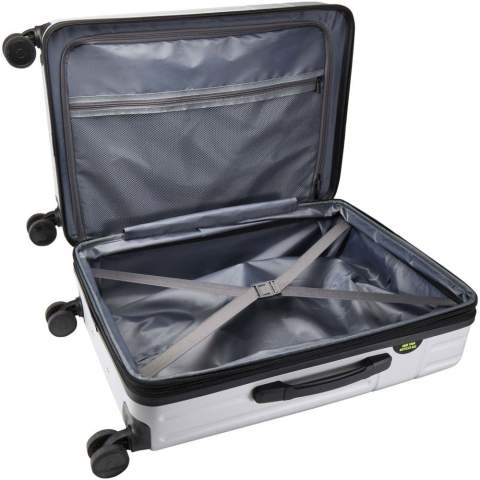 Constructed from impact-resistant recycled plastic with an RPET lining, the Rover 24" expandable trolley is designed for modern explorers who value durability and smart design. Offering a generous 70L capacity with expandable storage for those just-in-case extras, it’s ideal for longer journeys. This GRS certified trolley (including certified printing) features a double-tube aluminium frame and 360-degree 4-wheel spinner system for effortless mobility. An integrated TSA combination lock provides added security, while the easy-grab handle ensures comfort on the move. Inside, compression straps and zipped compartments keep your belongings neatly organised throughout your trip.