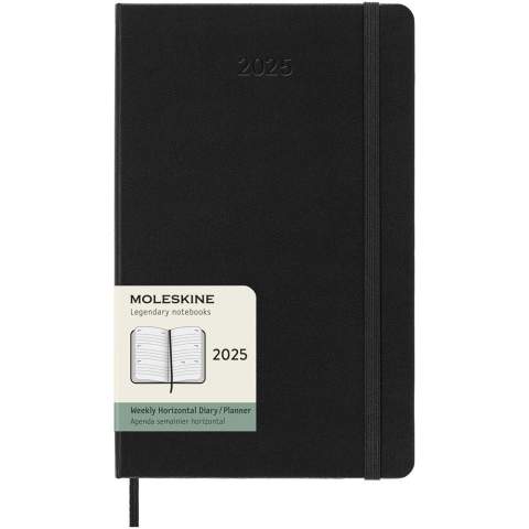 Dated from January to December 2026, the Moleskine hard cover 12-month weekly planner shows the whole week at a glance, while also providing yearly and monthly snapshot pages for a broader overview of the year, followed by pages for travel planning, ideas and goals. The days of the week are displayed across two pages. Features ivory-coloured acid-free paper, a black elastic closure, a page ribbon marker, a colour coordinated expandable inner pocket, and stickers for personal customisation, as well as year stickers for the spine.
