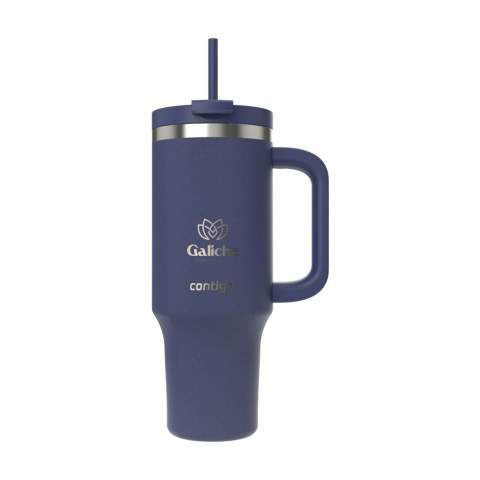 Large, double-walled Contigo® stainless steel drinking cup with generous plastic handle. The multifunctional plastic screw cap has a lockable drinking opening and an opening with a straw. When closed, the lid is leak proof. Suitable for cold drinks (not for carbonated drinks). THERMALOCK™ technology keeps drinks cool for up to 29 hours. Without the straw, the temperature is maintained thanks to the silicone seal in the lid. The cup has a matt, scratch-resistant coating. The conical, narrow base means the cup fits into almost any cup holder, making it perfect for on the go. Easy to clean. The cup, lid and straw are dishwasher-safe (place in the top rack). Odourless and taste-free. Stay hydrated all day long with this huge tumbler. Capacity 1,200 ml.    STOCK AVAILABILITY: Up to 1000 pcs accessible within 10 working days plus standard lead-time. Subject to availability.    Contigo: The best in quality, design and technology. Immediately recognisable by its sleek and stylish design, strong and solid. Comes with a 2-year manufacturer's warranty.