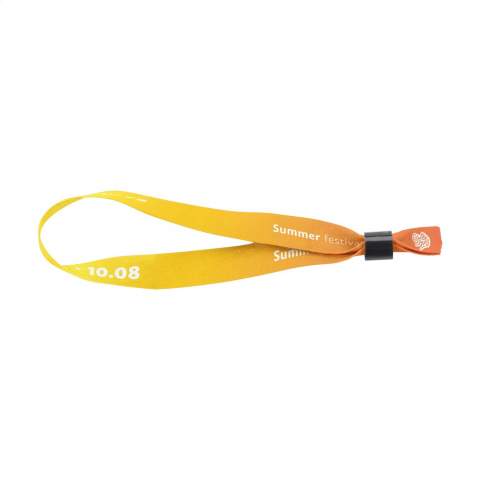 WoW! Festival strap made from RPET polyester. With self-grip closure made from recycled plastic. Includes your own full colour sublimation printing on both sides. A perfect item for controlling access to events or as a reminder of a festival. Promotional and functional.
