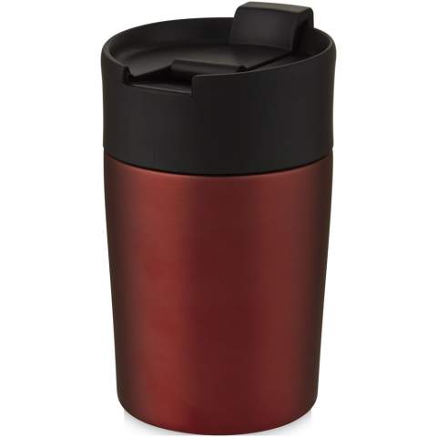 Double-walled copper vacuum insulated mini tumbler with one-hand operation lid for easy drinking while driving or multitasking. The insulated 18/8 stainless steel keeps drinks hot or cold for several hours. BPA-free, tested and approved under German Food Safe Legislation (LFGB). Tested and approved for phthalates content according to REACH regulations. The tumbler fits most coffee machines and car cup holders. Volume capacity is 180 ml. Hand wash recommended. Presented in a recycled cardboard gift box.