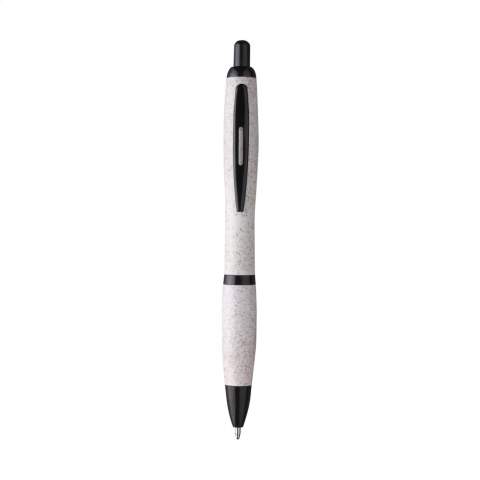 Umweltfreundlicher, blauschreibender Kugelschreiber, hergestellt aus 50% PP und 50% Weizenstroh. Versehen mit schwarzen Akzenten und Metallclip. Teilweise biologisch abbaubar.