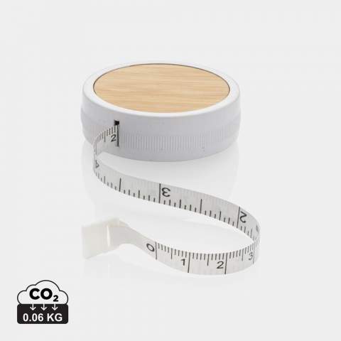 1.5m/60inch recycled plastic tape with return push button, for fitness and fashion. The case is made out of RCS certified recycled ABS plastic, fibreglass and FSC® 100% bamboo. Total recycled content: 64% based on total item weight. RCS certification ensures a completely certified supply chain of the recycled materials.  The tape is 8mm wide and retractable by button. Packed in FSC® mix packaging.<br /><br />TapeLengthMeters: 1.50