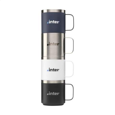 WoW! Double-walled, stackable mug. The inner and outer walls are made from recycled stainless steel. This keeps hot drinks at temperature for longer. Finished with an attractive powder coating. RCS-certified. Total recycled material: 79%. Capacity 500 ml. Stainless steel can be recycled many times whilst retaining the quality of the material. By using recycled stainless steel, fewer new raw materials are needed. This means less energy consumption and less use of water. Each item is supplied in an individual brown cardboard box.