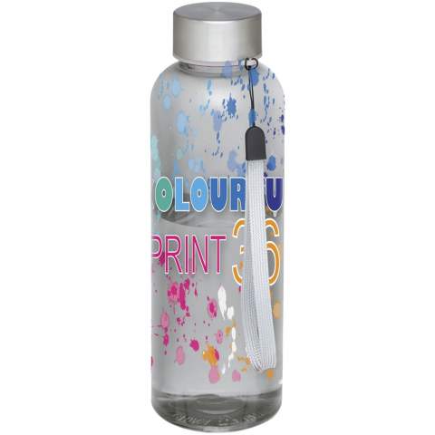 Single-walled water bottle in durable material with screw-on lid. Shatter, stain, and odour resistant. Lid features a strap for easy carrying. BPA free. Volume capacity is 500 ml. 