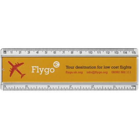 Paper insert plastic ruler with both markings in inches and centimetres.