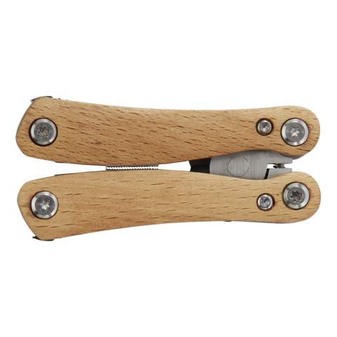 Strong and durable compact multi-tool made from high quality stainless steel with handles made of beech wood. This is a must-have tool for any scout, handy man, and outdoor enthusiast. Includes 12 functions: large nose pliers, standard pliers, wire cutter, serrated blade, bottle/can opener, flat screwdriver, medium flat screwdriver, small knife, philips screwdriver, medium knife and file, and file cleaner. The beech wood used is from sustainable, environmentally and socially responsible sources. The size when opened is 11 x 6 cm, and when closed 7.2 x 3.4 cm. Comes with an instruction manual and is packed in a recycled cardboard gift box with a size of 9.5 x 5.5 x 2.5 cm. Laser engraving is recommended as a sustainable decoration option.