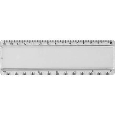 Paper insert plastic ruler with both markings in inches and centimetres.