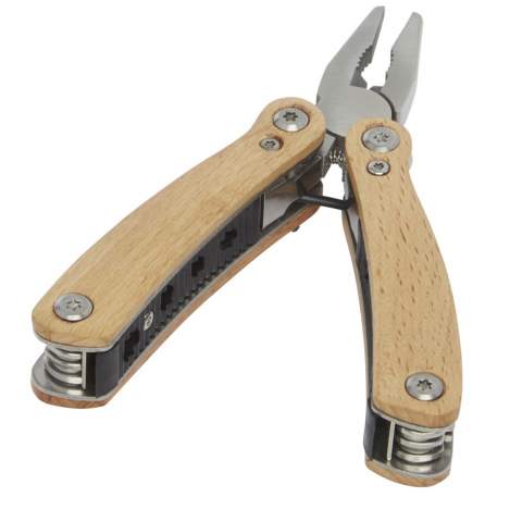 Strong and durable compact multi-tool made from high quality stainless steel with handles made of beech wood. This is a must-have tool for any scout, handy man, and outdoor enthusiast. Includes 12 functions: large nose pliers, standard pliers, wire cutter, serrated blade, bottle/can opener, flat screwdriver, medium flat screwdriver, small knife, philips screwdriver, medium knife and file, and file cleaner. The beech wood used is from sustainable, environmentally and socially responsible sources. The size when opened is 11 x 6 cm, and when closed 7.2 x 3.4 cm. Comes with an instruction manual and is packed in a recycled cardboard gift box with a size of 9.5 x 5.5 x 2.5 cm. Laser engraving is recommended as a sustainable decoration option.
