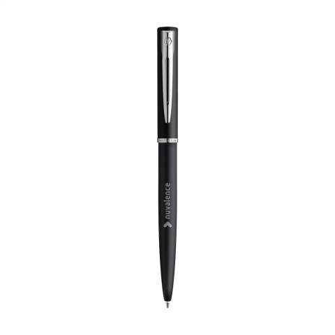 Blue ink ballpoint pen from the brand Waterman. The Allure combines modern design with high-quality craftsmanship. The slim metal barrel with glossy finish gives the pen a stylish and elegant look. Equipped with a sturdy clip and practical push-button mechanism for quick and easy use. The reliable refill provides a smooth and consistent writing experience. Ideal as a stylish gift and perfect for everyday use. Supplied in a Waterman gift box. Made in Europe.