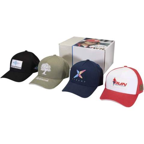 Sample box with 4 caps in different styles: 1 Boston recycled cotton 5 panel cap, 1 Houston recycled cotton 6 panel cap, 1 Arizona recycled cotton 5 panel cap with sandwich visor, and 1 Richmond Aware™ recycled cotton 6 panel cap with sandwich visor.