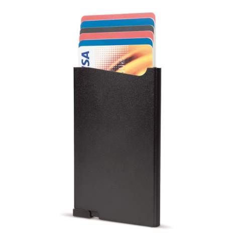 Protect your cards from RFID skimming with this sophisticated aluminum Toppoint Design cardholder. Simply push the button and retrieve up to six cards (four with embossing).