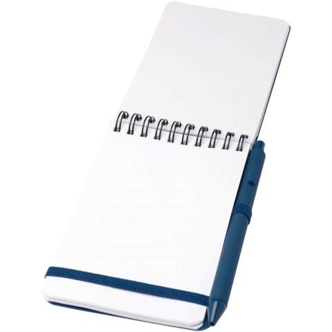 The Thalaasa A6 hard cover notebook is made of ocean bound recycled plastic with 80 lined sheets of 70 g/m² cream coloured paper. The notebook has rounded corners, an elastic closure, and a pen loop. The ballpoint pen with black ink is also made of ocean bound recycled plastic. Writing length: 1000 metres. Nib size: 1.0 mm.