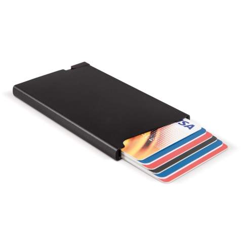 Protect your cards from RFID skimming with this sophisticated aluminum Toppoint Design cardholder. Simply push the button and retrieve up to six cards (four with embossing).