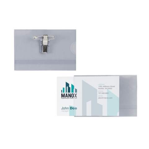 Name card holder with clip and safety pin. Incl. card insert (8.8 x 5.3 cm). Meas. 9 x 5.8 cm. 9 g.