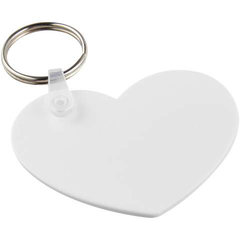 White heart-shaped keychain with metal split keyring. The metal looped ring offers a flat profile which is ideal for mailings.
