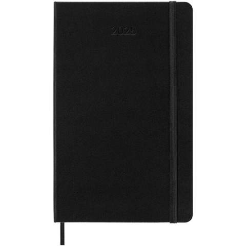 Dated from January to December 2026, the Moleskine hard cover 12-month weekly planner shows the whole week at a glance, while also providing yearly and monthly snapshot pages for a broader overview of the year, followed by pages for travel planning, ideas and goals. The days of the week are displayed across two pages. Features ivory-coloured acid-free paper, a black elastic closure, a page ribbon marker, a colour coordinated expandable inner pocket, and stickers for personal customisation, as well as year stickers for the spine.