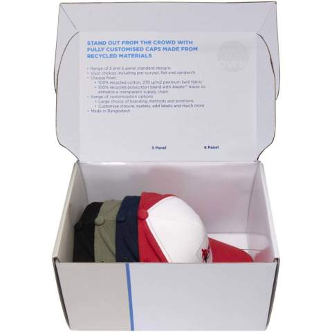 Sample box with 4 caps in different styles: 1 Boston recycled cotton 5 panel cap, 1 Houston recycled cotton 6 panel cap, 1 Arizona recycled cotton 5 panel cap with sandwich visor, and 1 Richmond Aware™ recycled cotton 6 panel cap with sandwich visor.