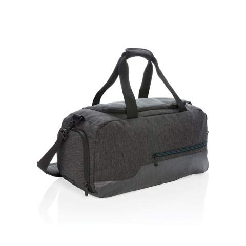 This 900D comfortable sized duffle bag is perfect for every active adventure and workout at the gym. It's made from durable polyester fabric and features water resistant coating material to protect against dirty gym floors or wet fields. Detailed with reinforced handles and a padded shoulder strap that offers a versatile carrying option. This duffle features a roomy main compartment with an inside zipper pocket to hold cash or valuables plus a breathable pocket for your shoes. A front zipper pocket with convenient storage for your cell phone, keys and other frequently used accessories. PVC free.<br /><br />PVC free: true