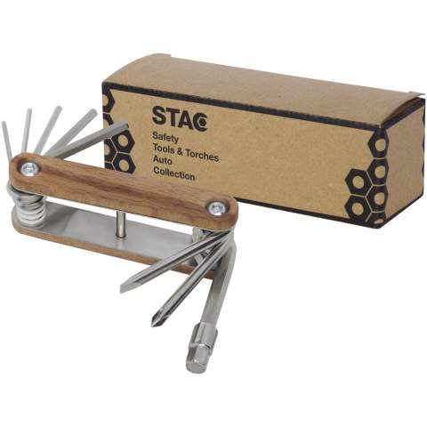 Strong and durable compact bicycle multi-tool made from high quality stainless steel with handles made of beech wood. This is a must-have tool for every bicycle lover for when that unexpected quick repair is needed. Includes 8 essential bicycle tools: allen key (2 mm/2,5 mm/3 mm/4 mm/5 mm/5.5mm/6 mm), philips screwdriver and flat screwdriver. The beech wood used is from sustainable, environmentally and socially responsible sources. The size when opened is 19.5 x 3.6 cm, and when closed 9.6 x 3.6 cm. Comes with an instruction manual and is packed in a recycled cardboard gift box with a size of 12 x 4.5 x 4 cm. Laser engraving is recommended as a sustainable decoration option.