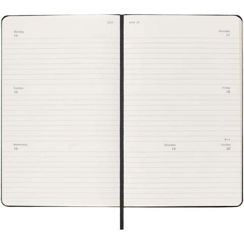Dated from January to December 2026, the Moleskine hard cover 12-month weekly planner shows the whole week at a glance, while also providing yearly and monthly snapshot pages for a broader overview of the year, followed by pages for travel planning, ideas and goals. The days of the week are displayed across two pages. Features ivory-coloured acid-free paper, a black elastic closure, a page ribbon marker, a colour coordinated expandable inner pocket, and stickers for personal customisation, as well as year stickers for the spine.