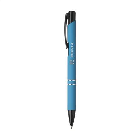 Blue ink ballpoint pen with black painted push button/clip and tip, chrome interlaces. The barrel is finished with a rubberised finish. This pen is also known as the Electra Rubberised pen.