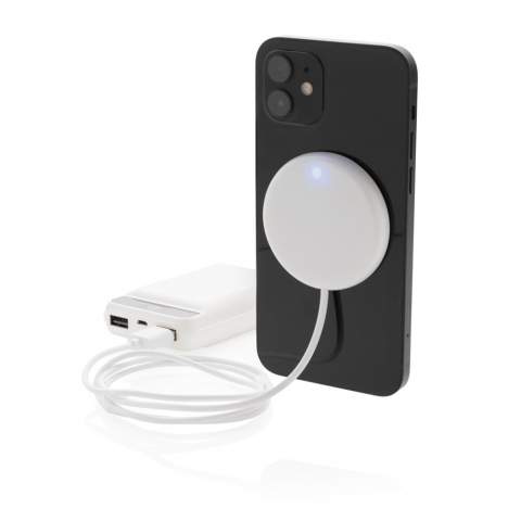 Snap on this magnetic wireless charger to the back of your iPhone 12 to charge your device. The magnets are perfectly aligned to always ensure the right charging position on your phone. The ABS material wireless charger is compatible with all QI devices (Iphone 8 and up and Android devices) so on other phones it can be used as a regular wireless charger. Including 100 cm TPE material micro USB cable. Item and accessories PVC free.  Input DC 5V/1.5A; Output 5V/1.0A (5W) 11 pcs high quality N52H heat resistant magnets integrated.<br /><br />WirelessCharging: true
