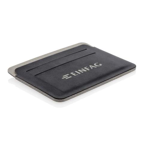 This ultra-thin, lightweight and secure RFID safe cardholder is a unique contemporary design. The RFID-blocking material protects against identity theft and electronic pickpocketing. 4 easy access card slots can hold up to 8 cards. Registered design®.  NFC (13.56 MHz) Blocking.