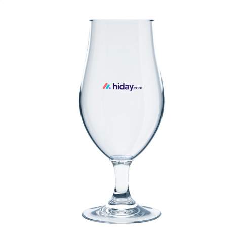Plastic beerglass with stem, of the HappyGlass brand. Specially designed for serving chilled speciality beers. The tulip-shape of the glass enhances the taste and smell of the beer. Made from clear, transparent Tritan copolyester plastic. Virtually unbreakable and lightweight. Well suited for use on (sports) events, festivals and concerts where often there is a glass ban. This quality glass is suitable for multiple use. This product is dishwasher-safe. Washing by hand is recommended to preserve the imprint. Capacity 500 ml. Made in The Netherlands.