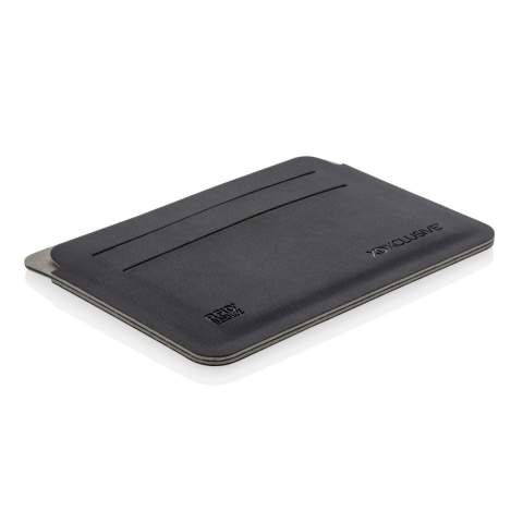 This ultra-thin, lightweight and secure RFID safe cardholder is a unique contemporary design. The RFID-blocking material protects against identity theft and electronic pickpocketing. 4 easy access card slots can hold up to 8 cards. Registered design®.  NFC (13.56 MHz) Blocking.