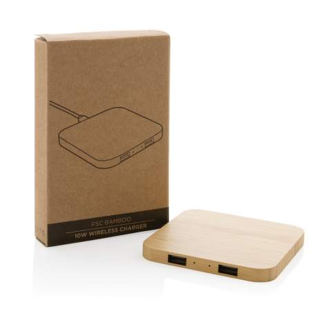 Fast 10W wireless charger with FSC® 100% bamboo exterior. Including two USB ports at the front.  Wireless charging compatible with Android latest generations, iPhone 8 and up. Item and accessories PVC free. Including 150 cm type C charging cable made from RCS certified recycled TPE. Packed in FSC® mix kraft box. Type-C in; Input 5V/2A; 9V/2A; Wireless output 5V/1A;9V/1.1A (10W) USB A output: DC5V/2A<br /><br />WirelessCharging: true<br />PVC free: true