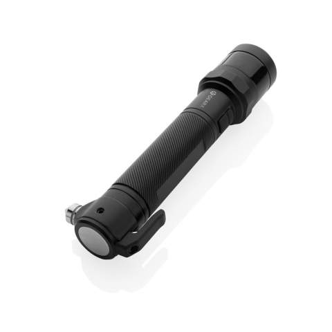 Heavy-duty car safety tool made with RCS certified recycled Aluminum and ABS. Total recycled content: 59% based total item weight. RCS certification ensures a completely certified supply chain of the recycled materials.  The torch uses a re-chargeable A-grade 2000 mah lithium battery so no need to replace the batteries. Simply re-charge via your USB socket. With powerful 500 lumen torch with beam up to 100 metres. The led light has 4 modes (100%,50%, 30% and flashing) With red emergency LED that can operate in 3 modes ( quick flash, slow flash and SOS).  With integrated belt cutter and window hammer. With magnet to attach it to a magnetic surface. Operating time on one charge: 2 hours. IPX 4 waterproof.<br /><br />Lightsource: LED<br />LightsourceQty: 9<br />PVC free: true
