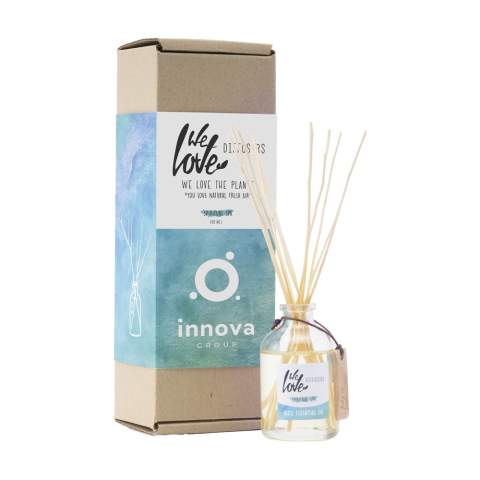 The Spiritual Spa Diffuser from the 'We Love The Planet' brand consists of several different 100% essential oils, that when mixed together, provide the most intense fragrance experience. Spiritual Spa is a popular fragrance. This relaxing and refreshing fragrance oil has a neutralising effect that combines eucalyptus, mint, lavender and rosemary, tea tree and basil. Having this scent in your home replicates the sense of being in a sauna. With just 2-3 sticks, these diffusers can last between 7 and 9 weeks with normal use. This set consists of a bottle with a capacity of 50 ml of fragrance oil and 2 bunches of small kajute sticks. The oil contains no synthetic fragrances, alcohol or solvents. Each set is supplied in a recycled kraft gift box with a sleeve.  The wooden fragrance sticks are made from washed and dried reed, called Sida Rhombifolia Linn. These kajute sticks are picked by hand, and they grow like weeds in the wild. These sticks are extremely important in the scent experience. Due to being hollow inside, they load and disperse the scent far better than 'normal' fragrance sticks.